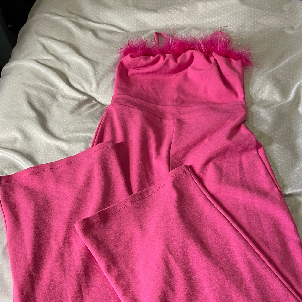 Strapless Hot Pink Feather-Trim Jumpsuit